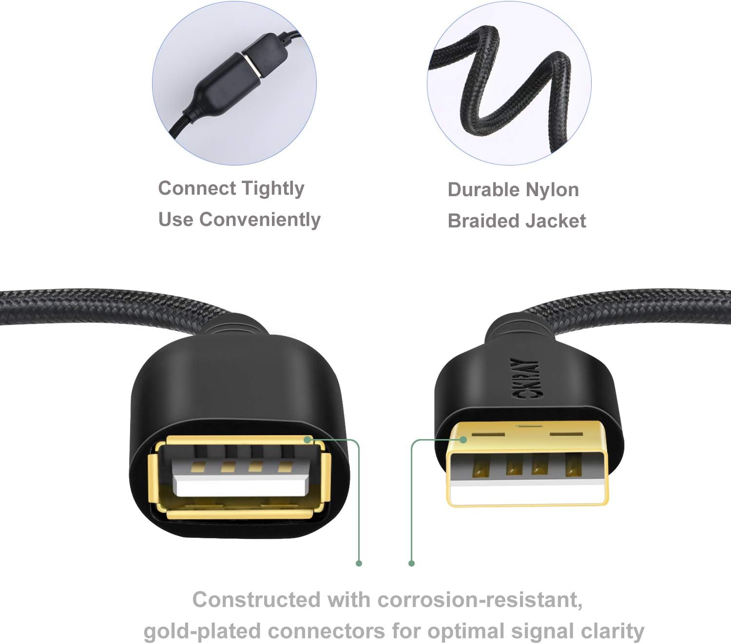 OKRAY 5 Pack Nylon Braided USB 2.0 Extension Cable Extender Cord - A Male to A Female with Gold-Plated Connector - 6 Feet (1.83M) (All Black): Computers & Accessories