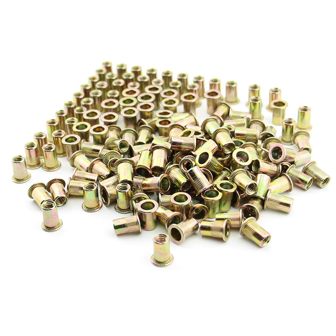 Photo 1 of 100Pcs 1/4"-20 UNC Rivet Nuts, Carbon Steel Zinc Plated Flat Head Knurled Body Threaded Insert Nuts (1/4-20 Rivnuts)