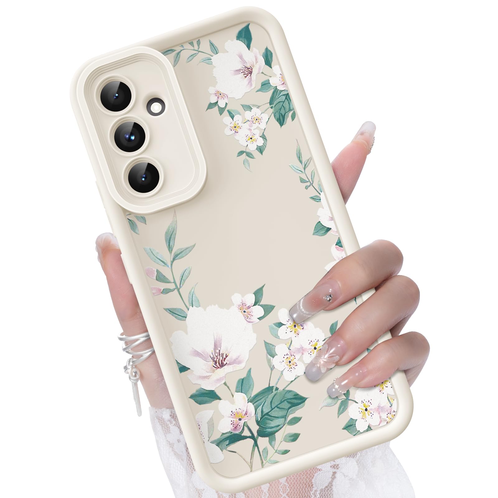 CASBST for Samsung Galaxy A55 5G Case, Creative Flower Pattern Design Girls Women Liquid Silicone Cover, Thicker Frame Shockproof and Scratch-Resistant Soft Case for Samsung A55 - White