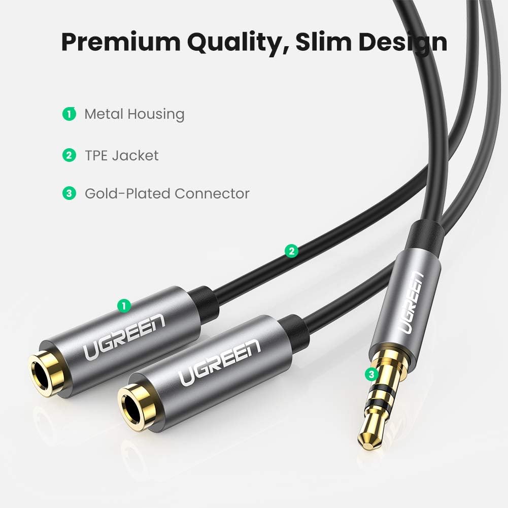 UGREEN Headphone Splitter, 3.5mm Audio Stereo Y Splitter Extension Cable Male to Female Dual Headphone Jack Adapter for Earphone, Headset Compatible with iPhone, Samsung, Tablet, Laptop (Black): Electronics