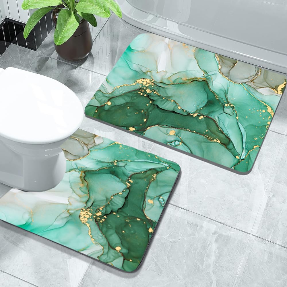 Green stone bathroom Mat 2 Piece Sets Non-slip bath mats, absorbent bath mat with quick water absorption and rubber backing, door mat green marble floor mat, washable shower mat +Toilet contour mat