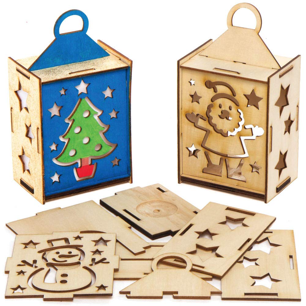 Baker Ross AX557 Christmas Wooden Lantern Kits - Pack of 3, Woodcraft Colour In Painting Craft for Kids Art Activities this Festive Season