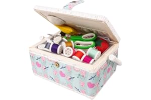 COMFECTO Sewing Box for Sewing Supplies Accessories Sew Kit Storage Organizer with Tools, Wooden Sewing Basket with Removable Tray Pincushion for Mending