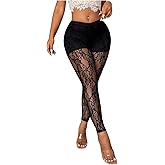 WDIRARA Women's Sexy Lace See Through Low Waist Slim Fit Leggings Sheer Mesh Stretchy Trouser