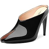 ROSERWISH Black Heeled Mules for Woman High Heel Mules Slip on Casual Slide Mules Square Toe Stiletto Heels Patent Comfortable Fashion Dress Shoes Size 7.5