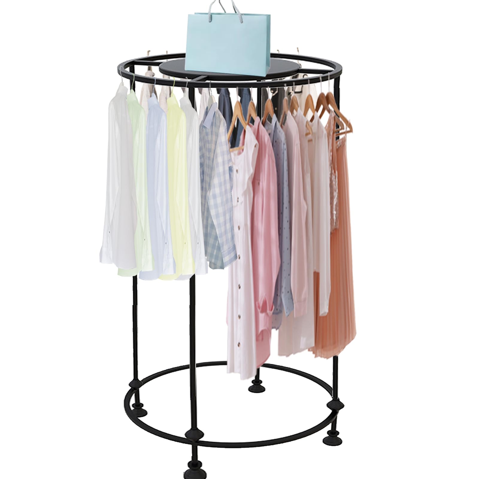 Photo 1 of      **reference image  Round Garment Display Retail Rack, Floor-Standing Round Clothes Hanging Rack, Clothing Racks with Topper, Multi-Purpose Clothing Organizer for Boutique Retail Store Laundry Home