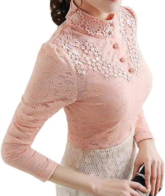 Amazon チューカー ブラウス レディース 長袖 スリム カットソー ハイネック 総レース シャツ 花柄 きれいめ トップス 細身 着痩せ エレガント インナー オフィス 大きいサイズ 秋 冬 暖かい 通勤 通学 シャツ ブラウス 通販