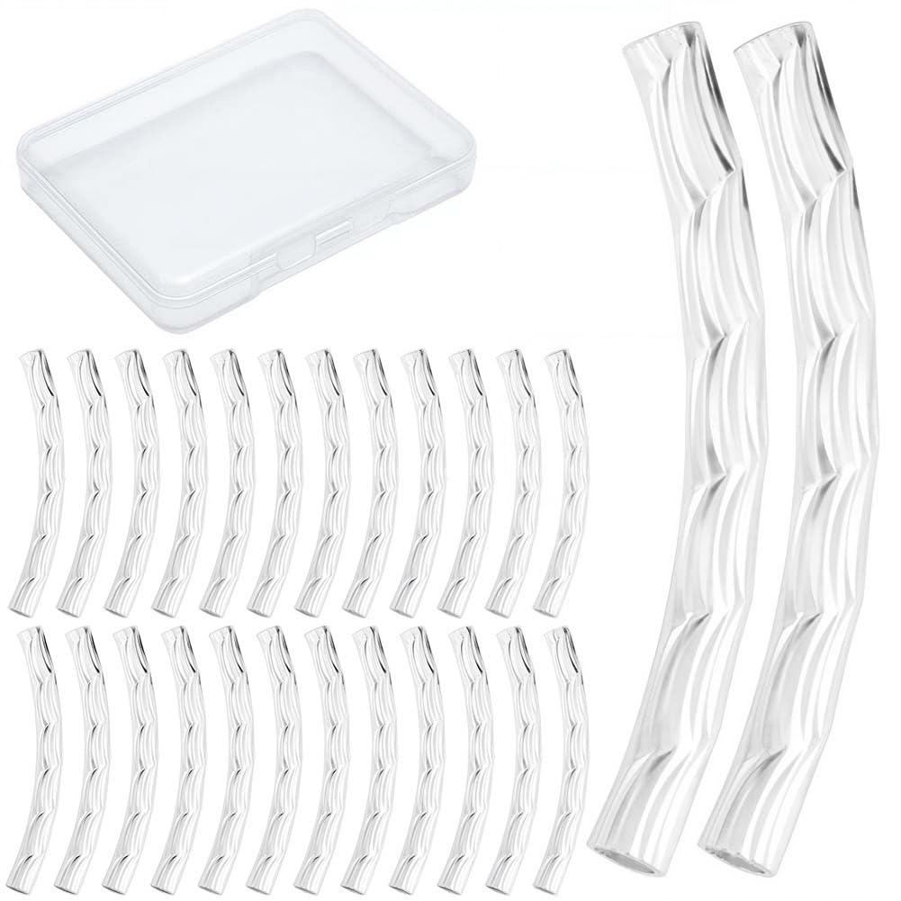 CREATCABIN 40 Pcs Curved Tube Beads Sleek Noodle Tube Beads Long Large 925 Sterling Silver Plated Brass Hole Spacer Connectors Bulk Tube Twist for DIY Jewelry Making Necklaces Findings 20mm