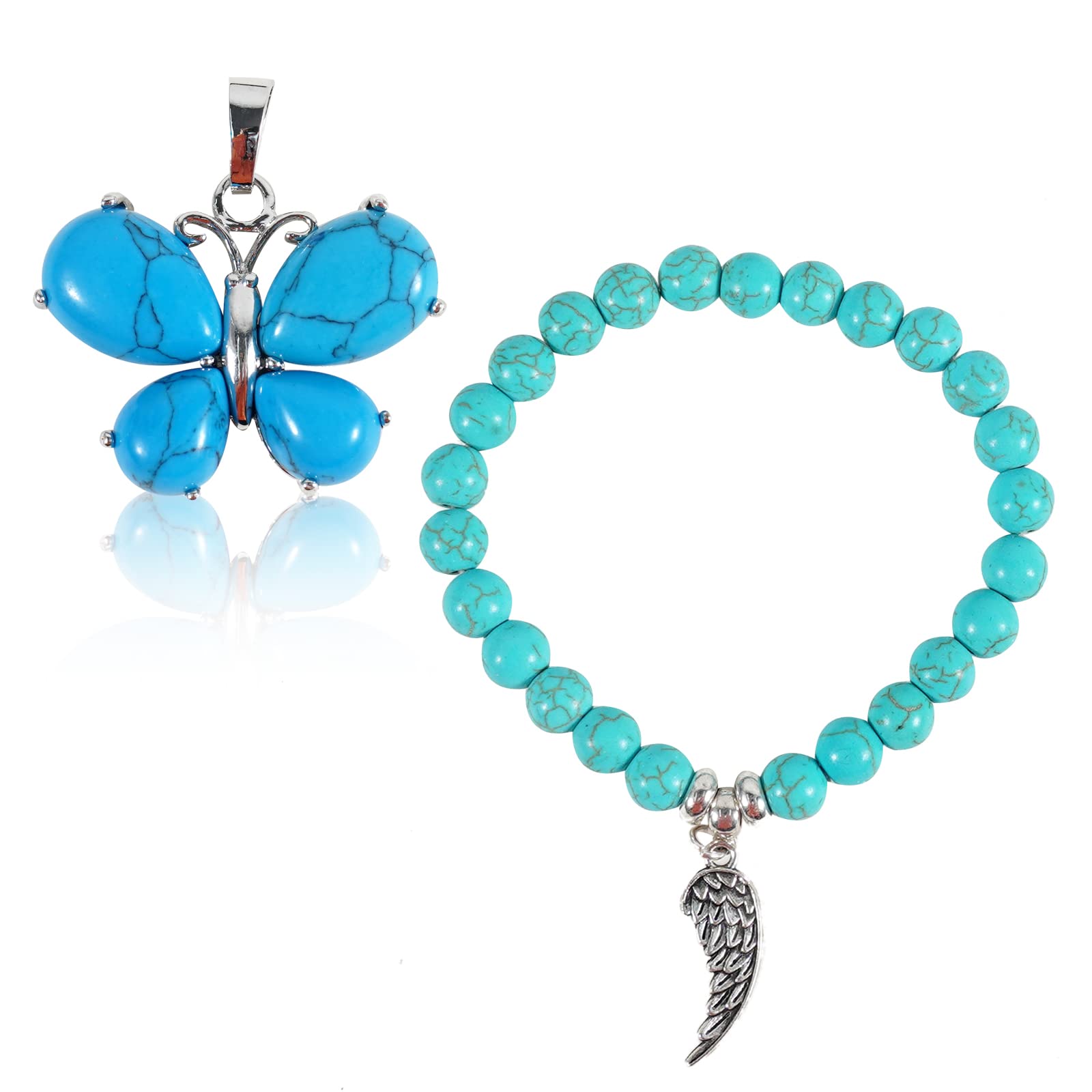 soulnioi Natural Healing Crystal Bracelet Turquoise Gemstones Bead Bracelet with Wing Pendant and Blue Turquoise Crystal Butterfly Necklace Pendant for Yoga Reiki Meditation Gift