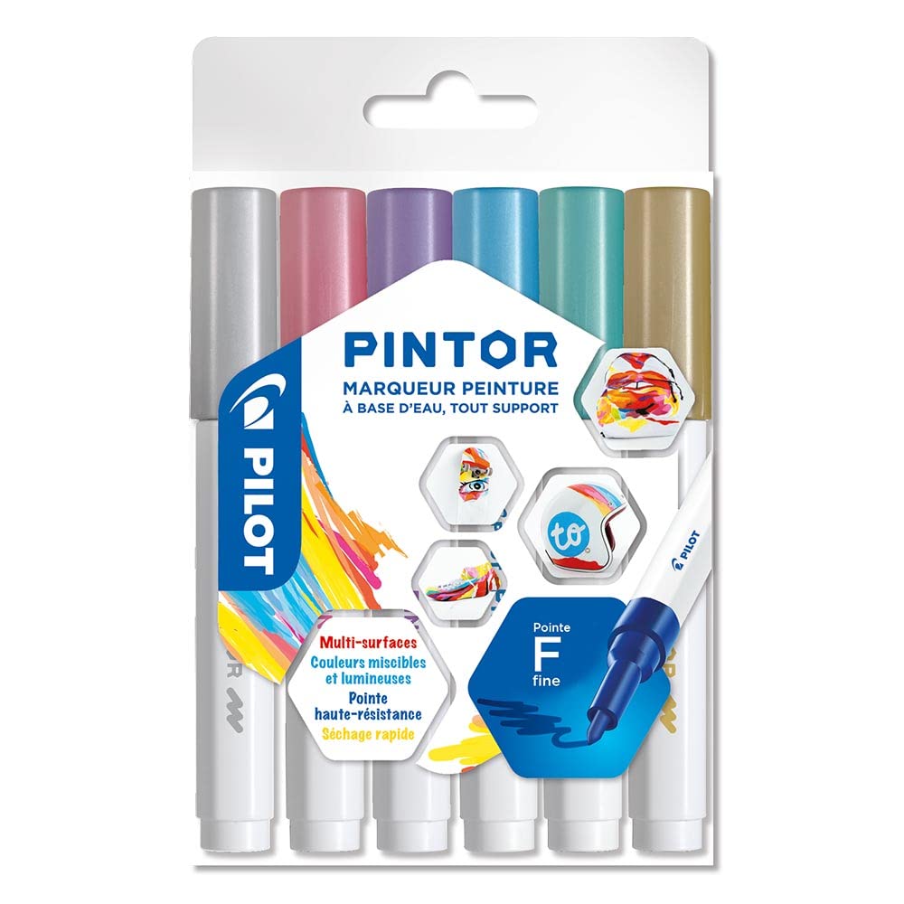 Pilot - Pintor, Wallet of 6 Creative Multi-Surface Water-Based Permanent Markers - Quick Dry - For Fabrics, Glass, Wood, Stone, DIY/Amateur Artists - Fine Tip - Assorted Metallic Colors