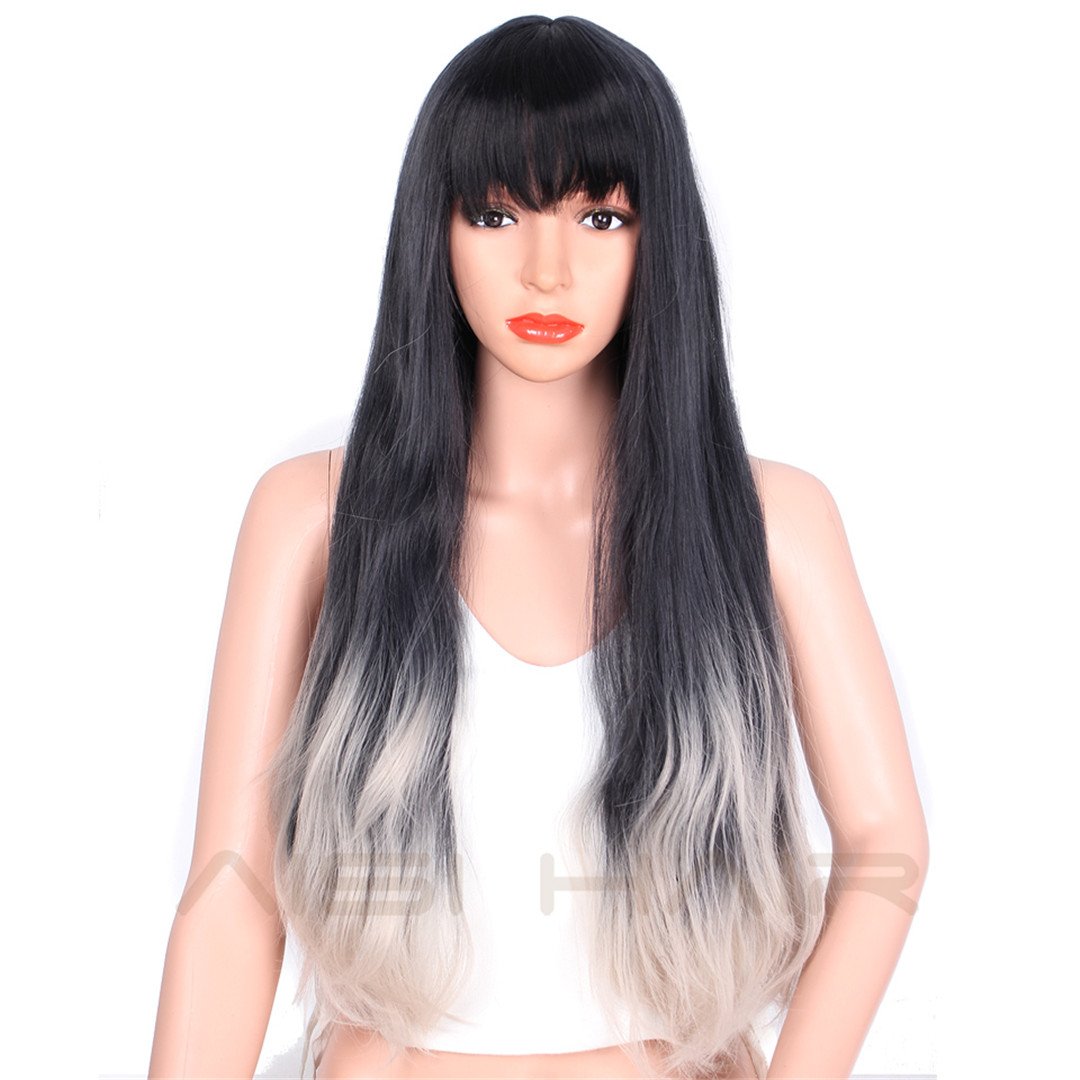 Synthetische Ombre Perücken für schwarze Frauen Lange wellige Cosplay dunkel braune Haare mit ordentlichen Pony Frisur Amazon Beauty