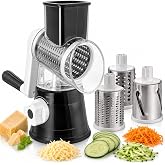 Rotary Cheese Grater, Hand Crank Vegetable Slicer, 3 Blades &amp; Suction Base | Interchangeable Drums, Comfortable Grip, Rust-Resistant, Perfect for Fine Chocolate &amp; Nuts