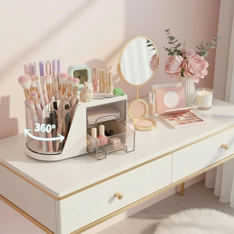 Drehbarer Schreibtischorganisator, Schreibtisch Organizer kinder mit 2 Schublade, 360 Grad stifteköcher für Büro, schulsachen, skincare, schulsachen und Kunstbedarf (Sahne)