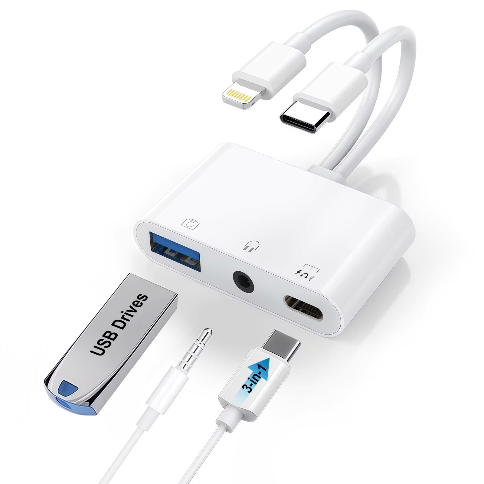 Photo 1 of USB-C & Lightning to 3.5mm Headphone Adapter, 3-in-1 USB OTG Camera Adapter & Aux Headphone Splitter, Supports Charging/Audio/Data Transfer for iPhone 16/15/14/13/12, Samsung Galaxy S25/24, Laptops