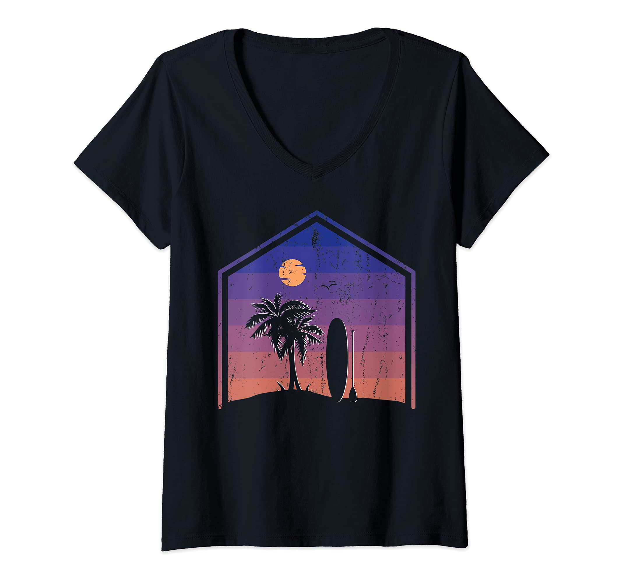 Womens Sunset Tropical Beach Paddleboarder SUP Stand Up Paddling V-Neck T-Shirt