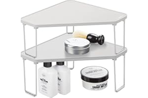 mDesign Plastic/Steel Corner Stackable Rack, Storage Organizer Shelf for Bathroom, Vanity, Countertop, Sink, Cabinet, Holds Makeup, Shower Accessories, Ligne Collection - 2 Pack - Stone Gray