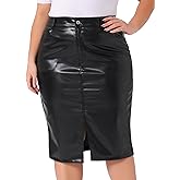 Agnes Orinda Plus Size Skirts for Women Faux Leather Front Slit Bodycon High Waist Pencil Midi Skirt with Pockets