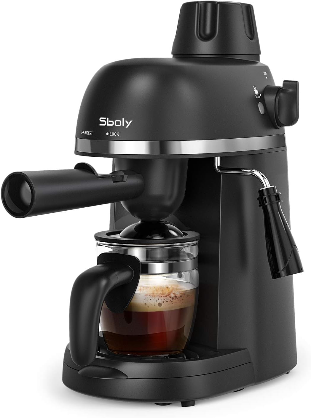 Sboly Steam Espresso Machine with Milk Frother, 1-4 Cup Expresso Coffee Maker, Cappuccino Latte Machine Includes Carafe, No Apply to Use Fine Ground Coffee