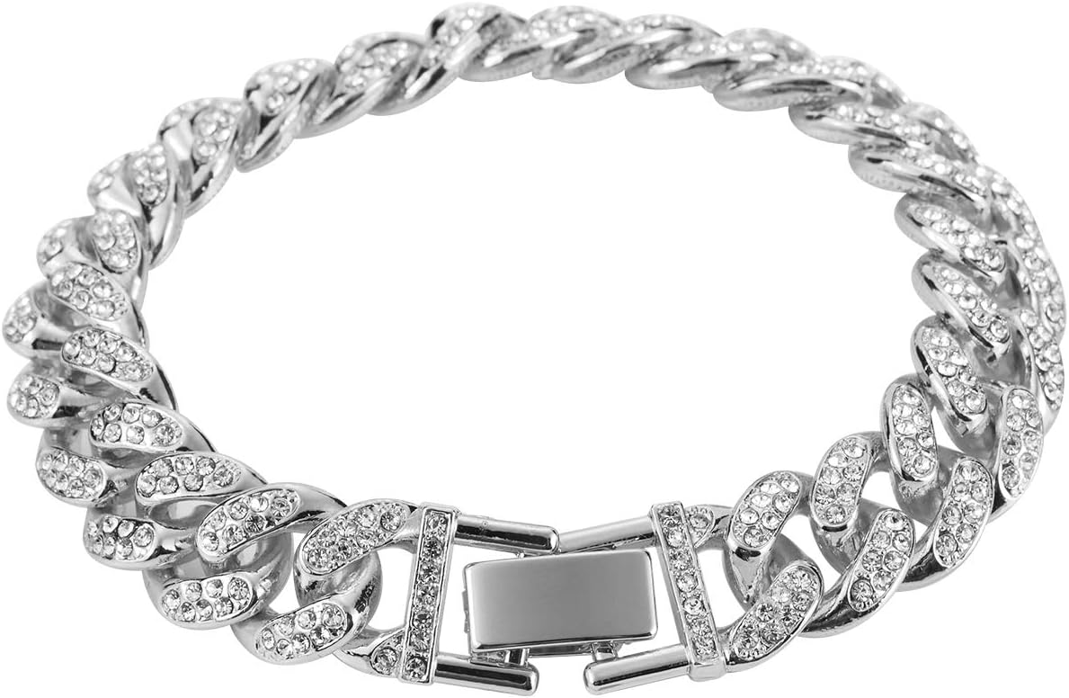 Cuban Link Bracelet 18k Gold Plated Stainless Steel Bracelets Iced Out With Bling Rhinestones Men Bracelets Women Bracelets (B-Silver)