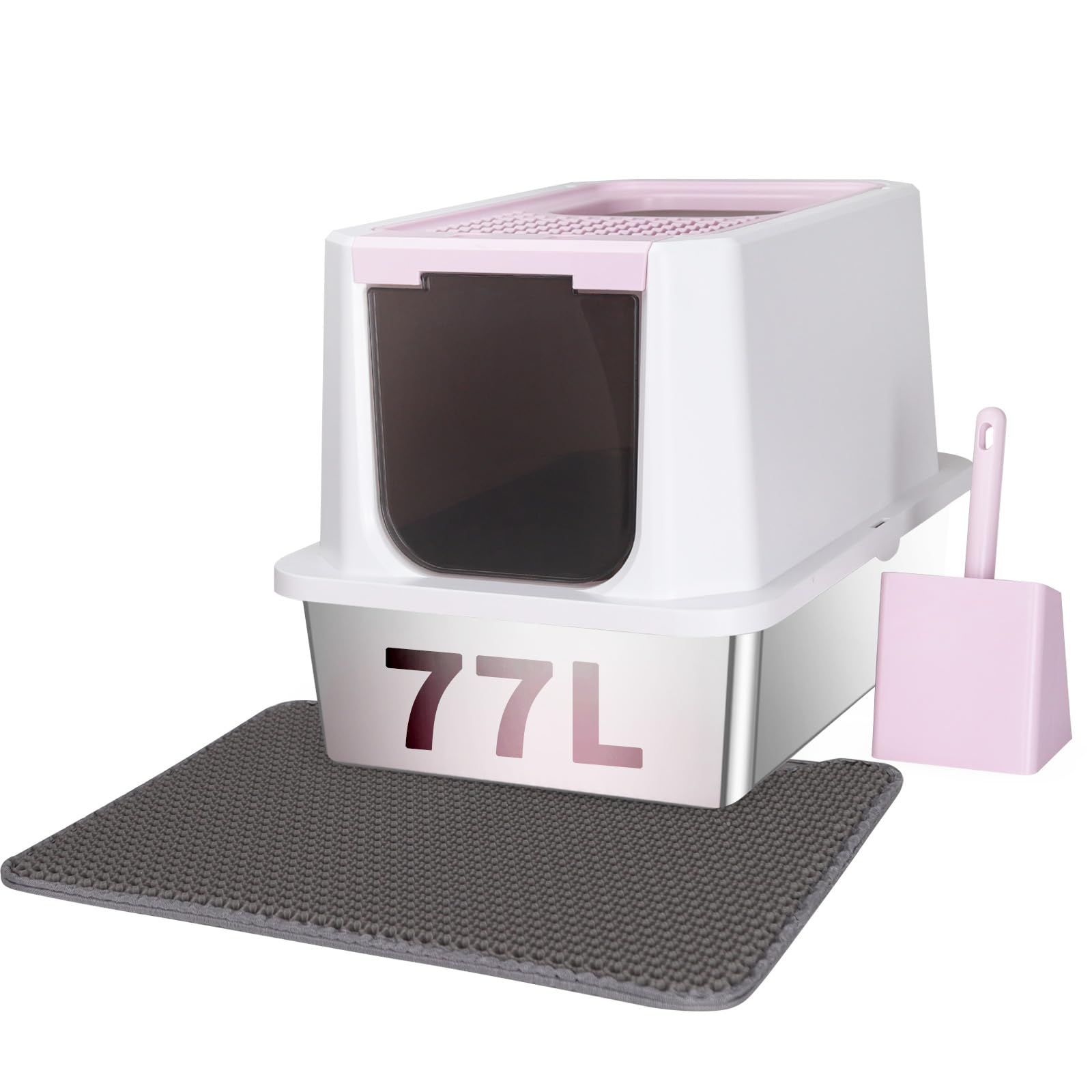 Photo 1 of RIZZARI Stainless Steel Cat Litter Box, Semi-Enclosed Litter Box with Raised Edges, Anti-Leakage & Odorless, Large Litter Box for Small to Large Sized Cats (Pink, 23.8" L*15.9" W*16.1" H)