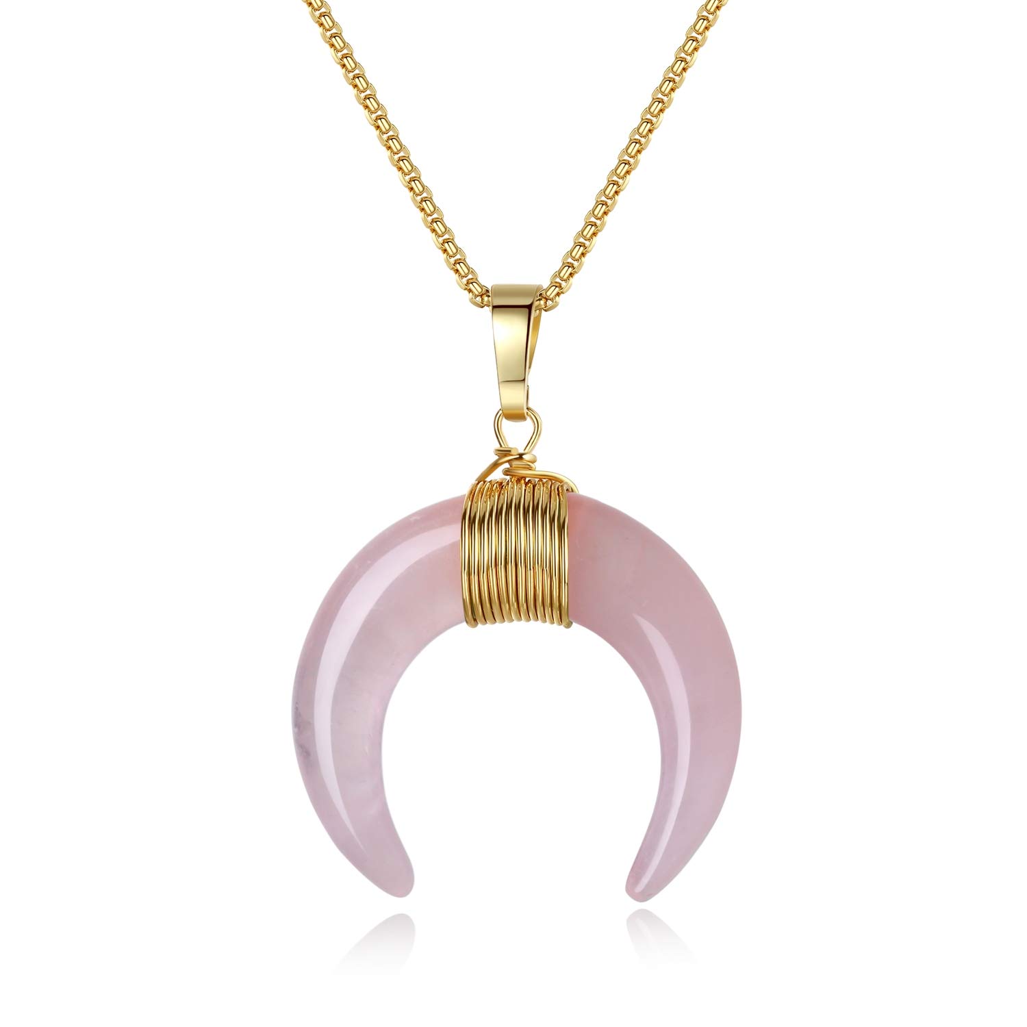 COAI Horn Crescent Moon Necklace Crystal Rose Quartz Necklace for Women
