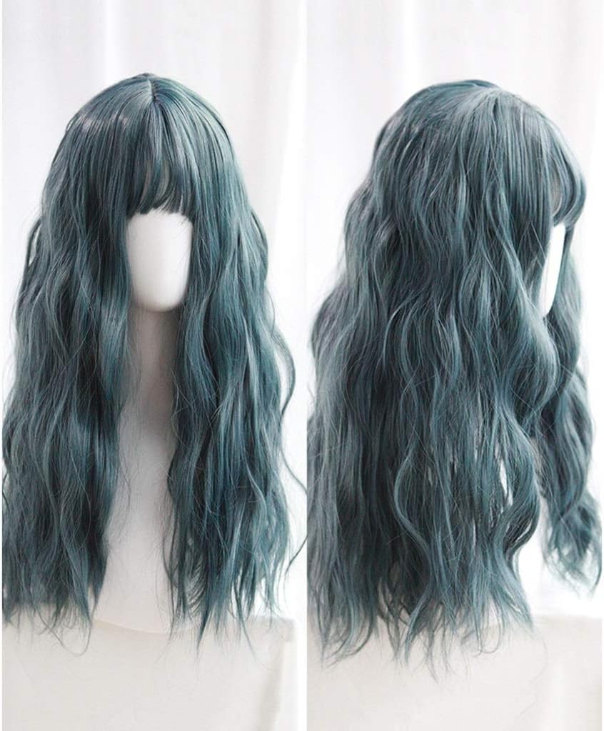 HNHX Liu Hai Corn Hot Wig Long Curly Hair Girl Natural Grooming Face Full Headgear Length 55cm A Total Of Eight Colors To Choose From hair extension (Color : Gray-blue)