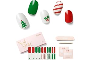 Semi Cured Gel Nail Strips - NAILOG 20 Pcs Gel Nail Stickers for Christmas Day | Buy 2 Get 1 UV Light | Extra Long Nail Wraps with Glossy Gel Finishing Green, Festive Fir