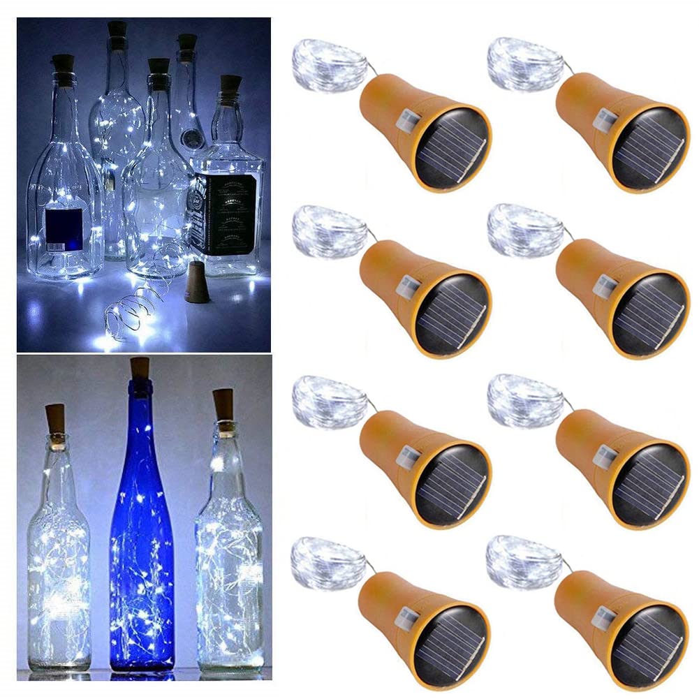 Heuluced Solar Wine Bottle Lights, 8 Pack 20 LED Waterproof Copper Cork Shaped Lights DIY Firefly String Lights for Wedding Party Outdoor, Holiday, Garden, Patio Pathway Decor (White)