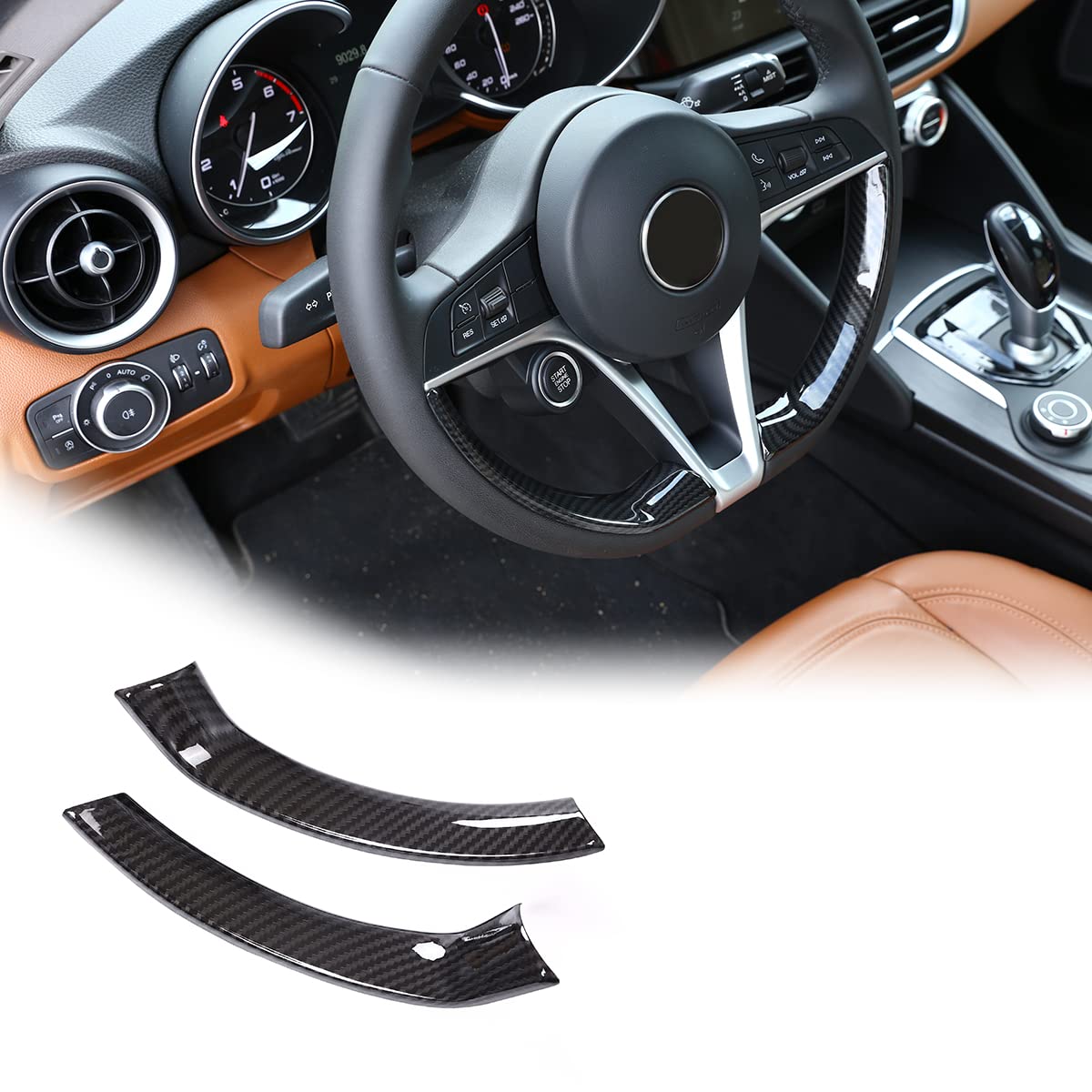 YIWANG Carbon Fiber Style Car Interior Steering Wheel Decorative Decor Cover Trim 2Pcs For Stelvio/Giulia