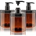 Hethyo Pump Bottle Dispenser 3 Pcs 600ml/20oz Refillable Plastic Pump Bottles Wide Mouth Jar Style BPA Free Empty Pump Bottles Bathroom Shower Containers for Lotion Shampoo Conditioner (Brown)