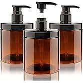 Hethyo Pump Bottle Dispenser 3 Pcs 600ml/20oz Refillable Plastic Pump Bottles Wide Mouth Jar Style BPA Free Empty Pump Bottles Bathroom Shower Containers for Lotion Shampoo Conditioner (Brown)