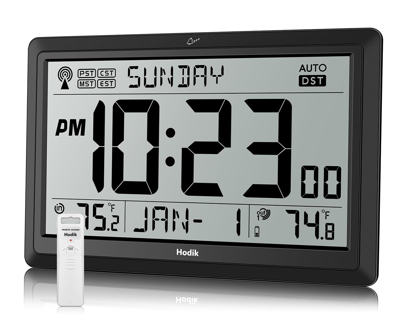 View 1 of ** WALL MOUNT SCREEN ONLY** Wall Clock Atomic with Indoor Outdoor Temperature Battery Powered, Easy Reading with 10.5 Inch Large LCD Display, 330FT Range Table Wall Clock With DST, 12/24 Hour for Living Room Kicthen (Black)