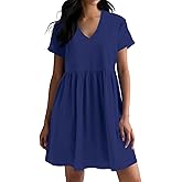 Hocuos Women's Short Sleeve Casual V Neck Mini Dress A Line Loose Pleated Flowy Shift Dresses 2025