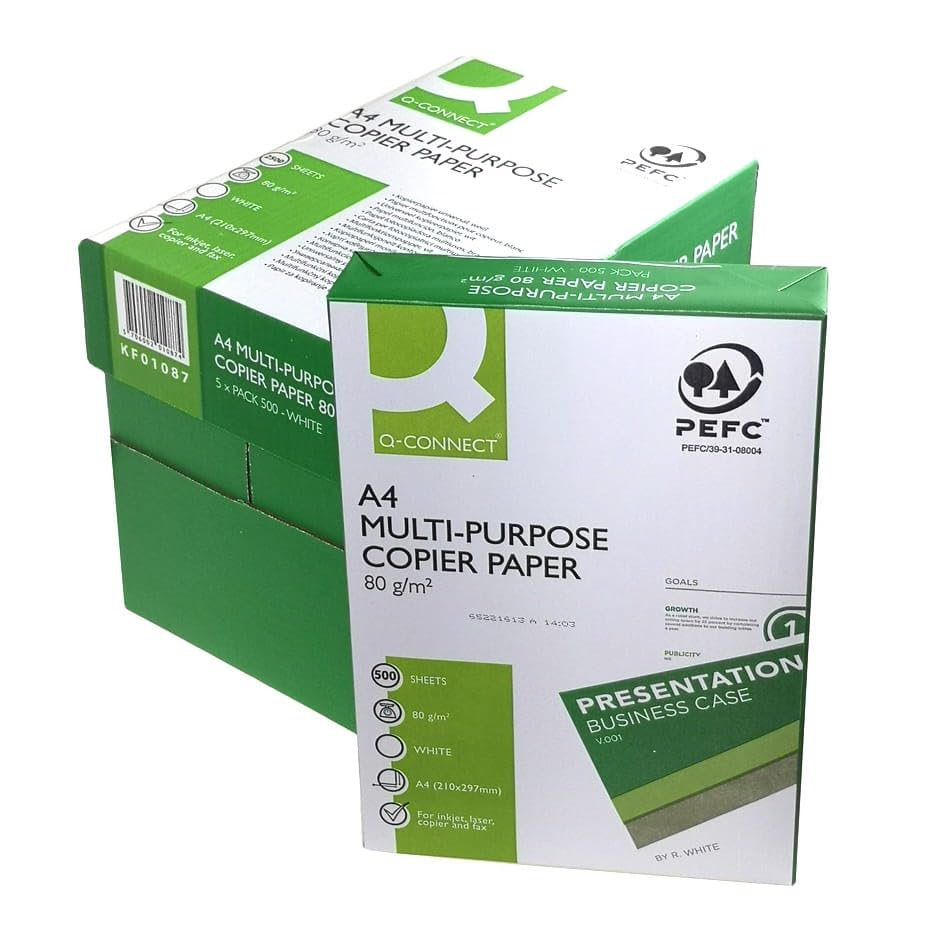 Q-CONNECT KF01087 Paper Office White Printer Copier Paper/Multi-Purpose Copy Printer Paper/ 5 Reams of 500 (80gsm)/ Multifunction Laser Inkjet Paper/Quality Class - B