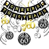 60th Birthday Decorations Kit- Konsait Cheers to 60 Years Banner Swallowtail Bunting Garland Sparkling Celebration 60 Hanging Swirls,Perfect 60 Years Old Party Supplies 60th Anniversary Decorations