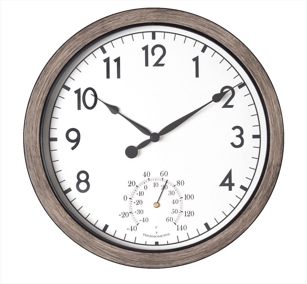 Widdop Country Living 26.5cm Outside Garden Grey Wall Clock with Thermometer Temp Gauge for Indoor or Outdoor W7961