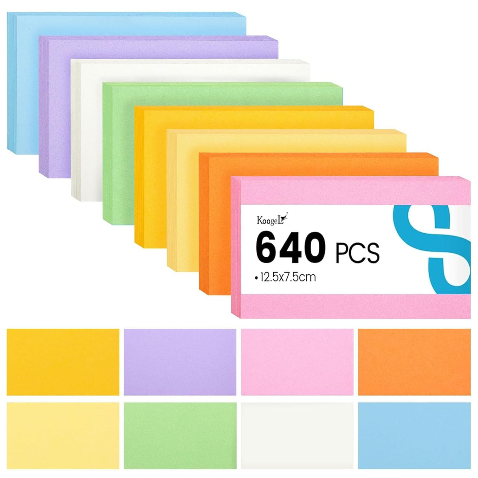 Koogel Flash Cards 640PCS, Revision Cards 12.5x7.5cm, Blank Flashcards with 8 Colour Coding System, Double Sided Notecards for GCSE, Speech, Office Home School Study Record