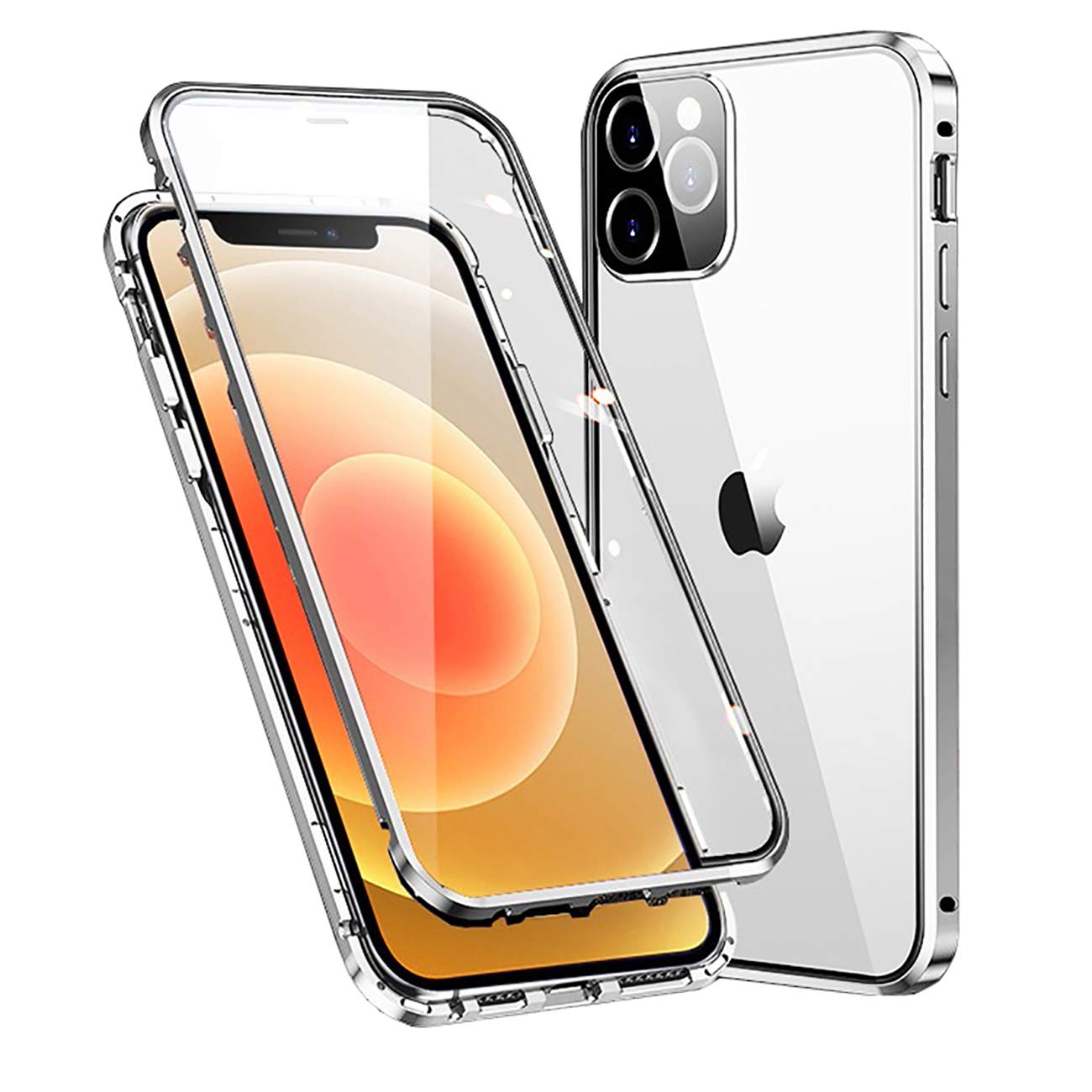 MOSSTAR Case for Apple iPhone 12 Pro, Magnetic Adsorption Metal Bumper with Front and Back Transparent Tempered Glass Flip Cover 360 Degree Full Body Protective Case for iPhone 12 Pro 6.1", Silver