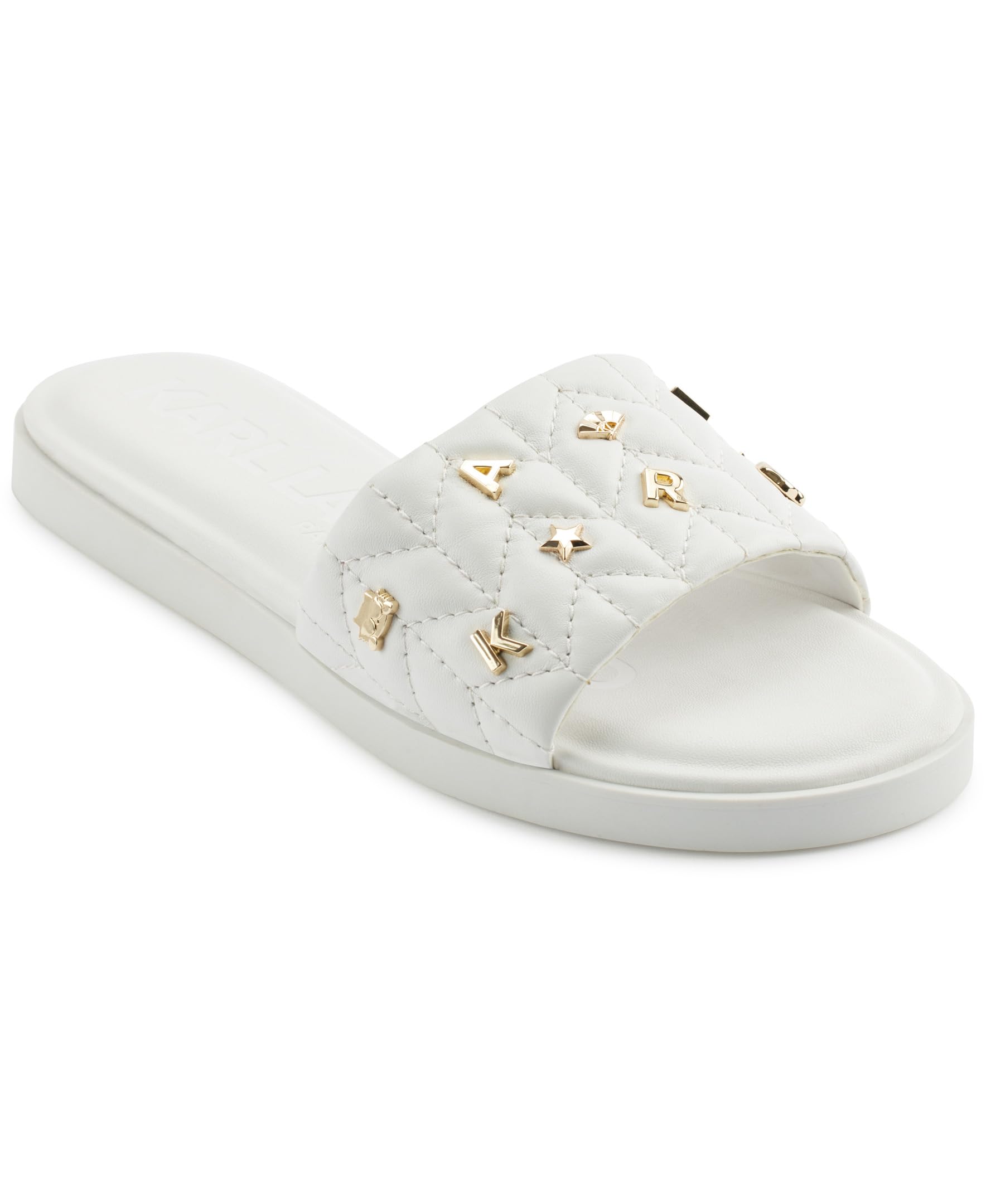 Karl Lagerfeld Paris Women’s Cushioned Insole Everyday Carenza Studs-Flat Sandal Slide, Bright White, 6.5