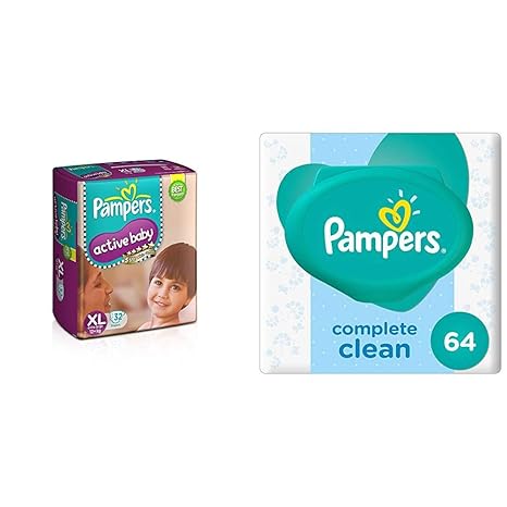 Pampers Active Baby Diapers, Extra Large (32 Count) & Pampers Fresh Clean Baby Wipes (64 Count)