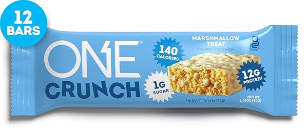 ONE CRUNCH PROTEIN BARS, MARSHMALLOW TREAT, GLUTEN FREE PROTEIN BARS WITH 12G PROTEIN AND 1G SUGAR, PANTRY STAPLES, 2.12 OZ (12 COUNT)