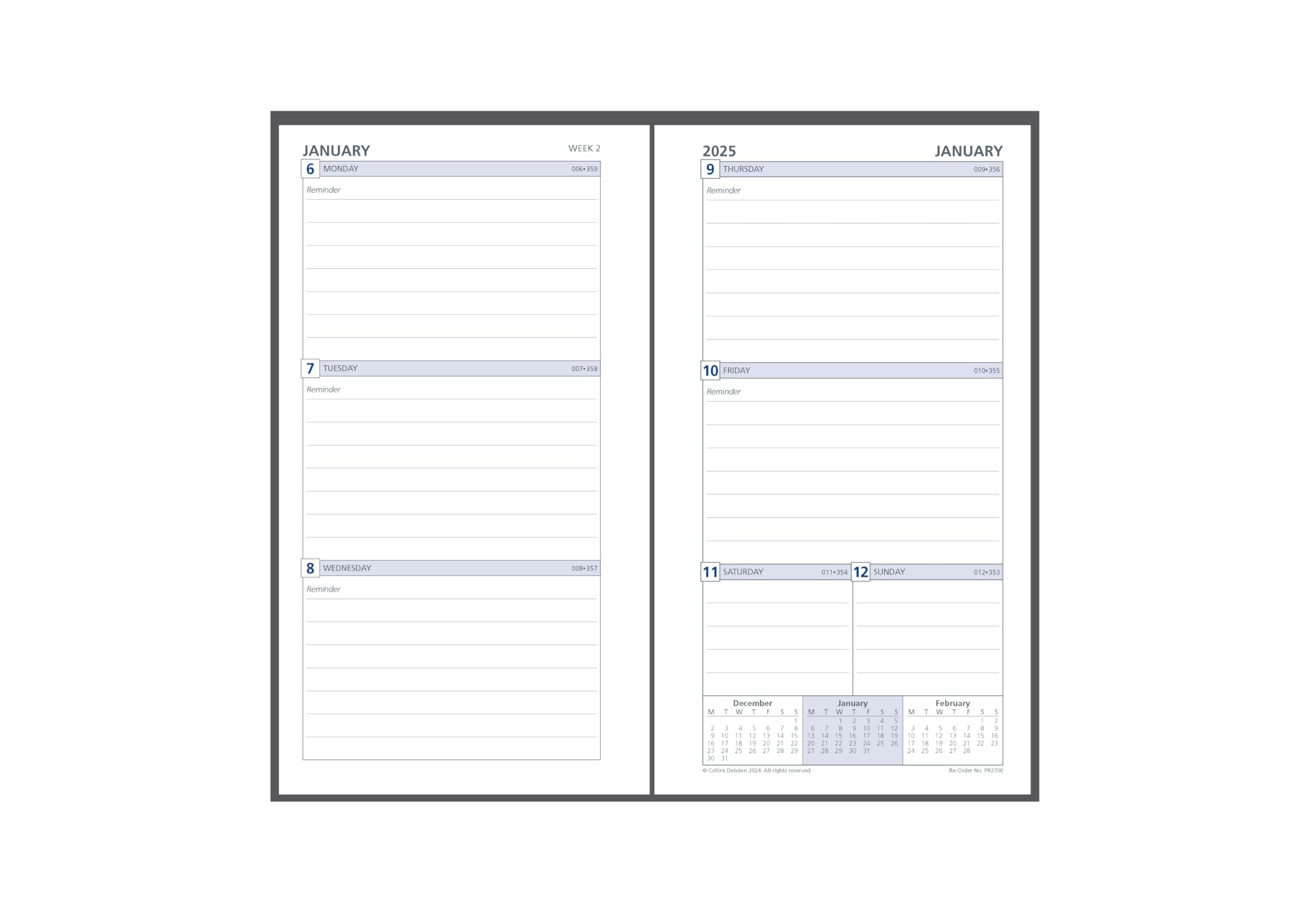 Collins 2025 Week to View Personal Organiser Refill (PR2700) - compatible with six hole organisers - (172 x 96mm)