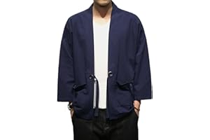 FAXIKIO Men's Cotton Blends Linen Open Front Cardigan Embroidery Kimono Jackets