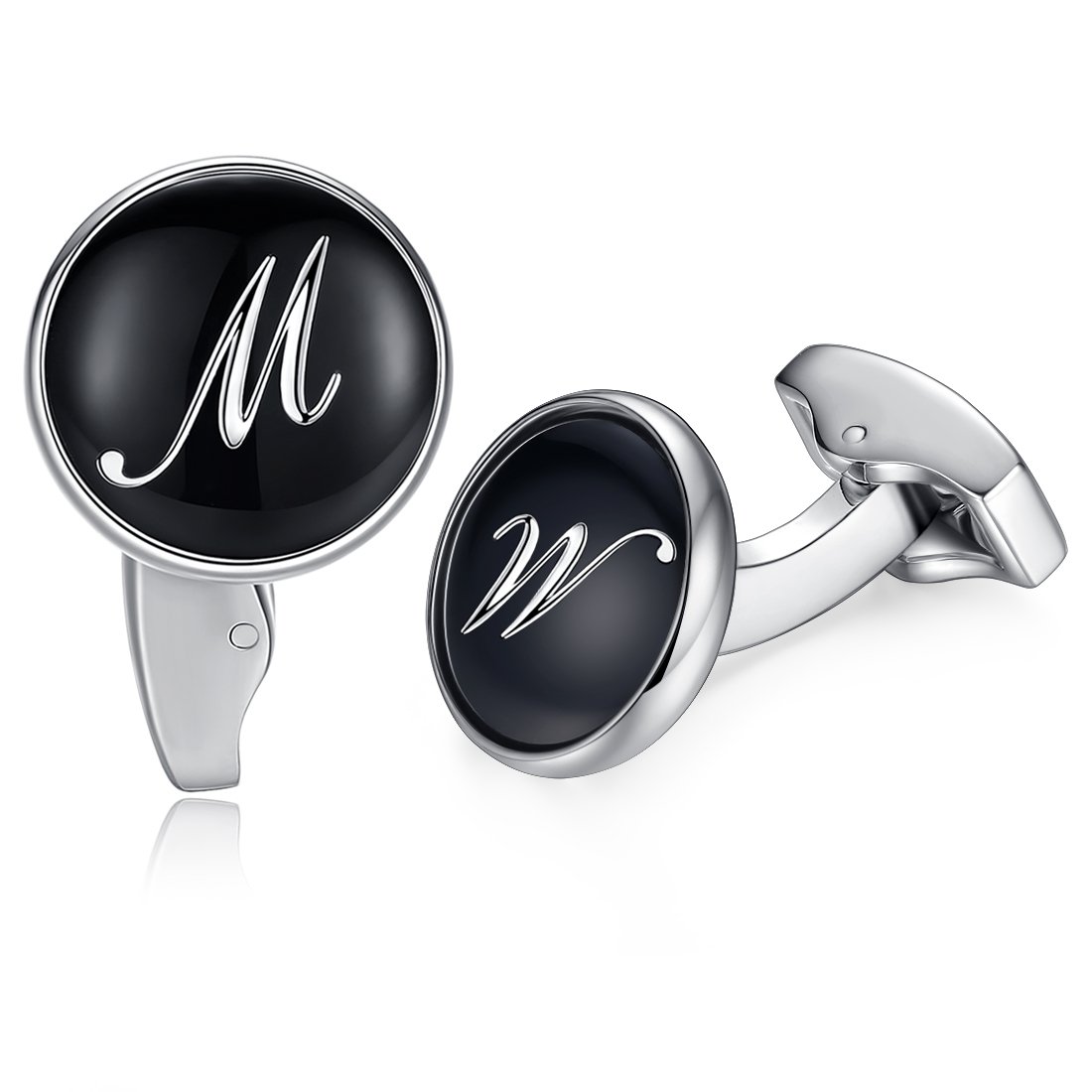 HONEY BEAR Initial Alphabet Letter Cufflinks for Men, Black Round Shape Wedding Business Gift A - Z (M)