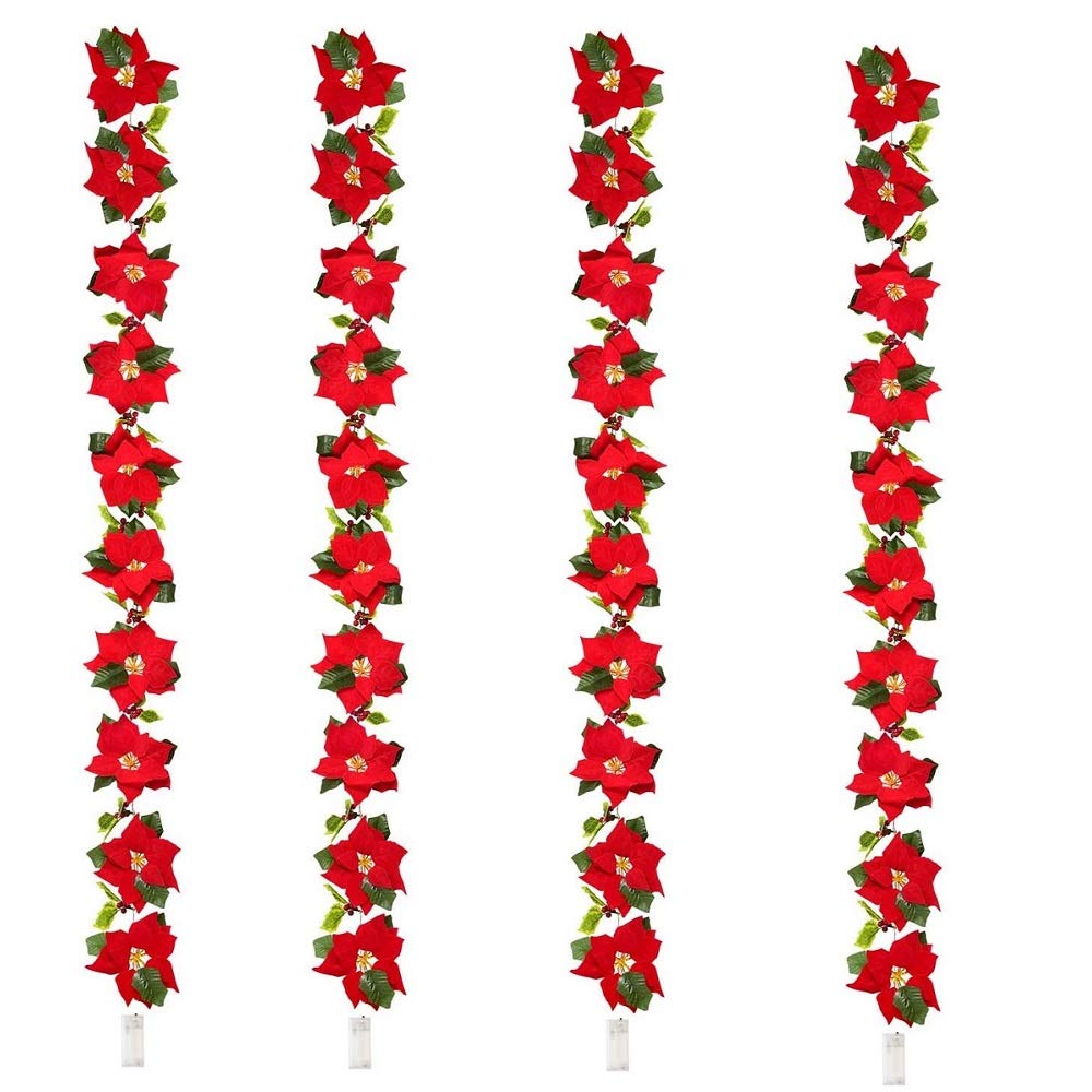 4 Pack Artificial Red Poinsettia Christmas Garland String with Red Berries Maple Leaves Pre-Lit Velvet Fairy Light for Holiday Door Decoration Wreath