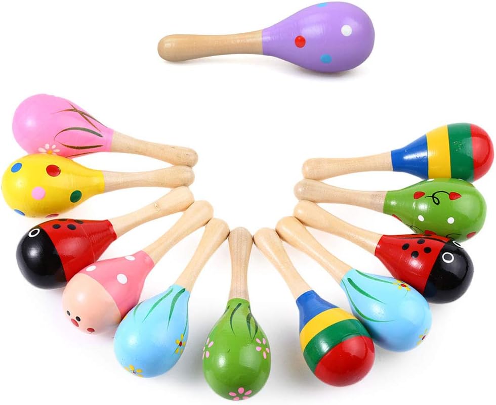 12 Pcs Wooden Maracas Set for Kids Baby Adult,Party Favors Colorful Mini Maracas Noisemaker for Fiesta Classroom Musical Percussion Instrument