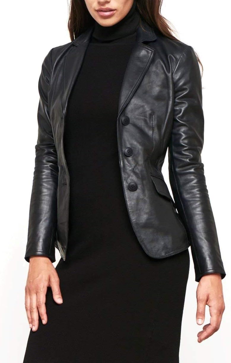 World of Leather Women's Lambskin Genuine Leather Jacket Short Blazer Casual