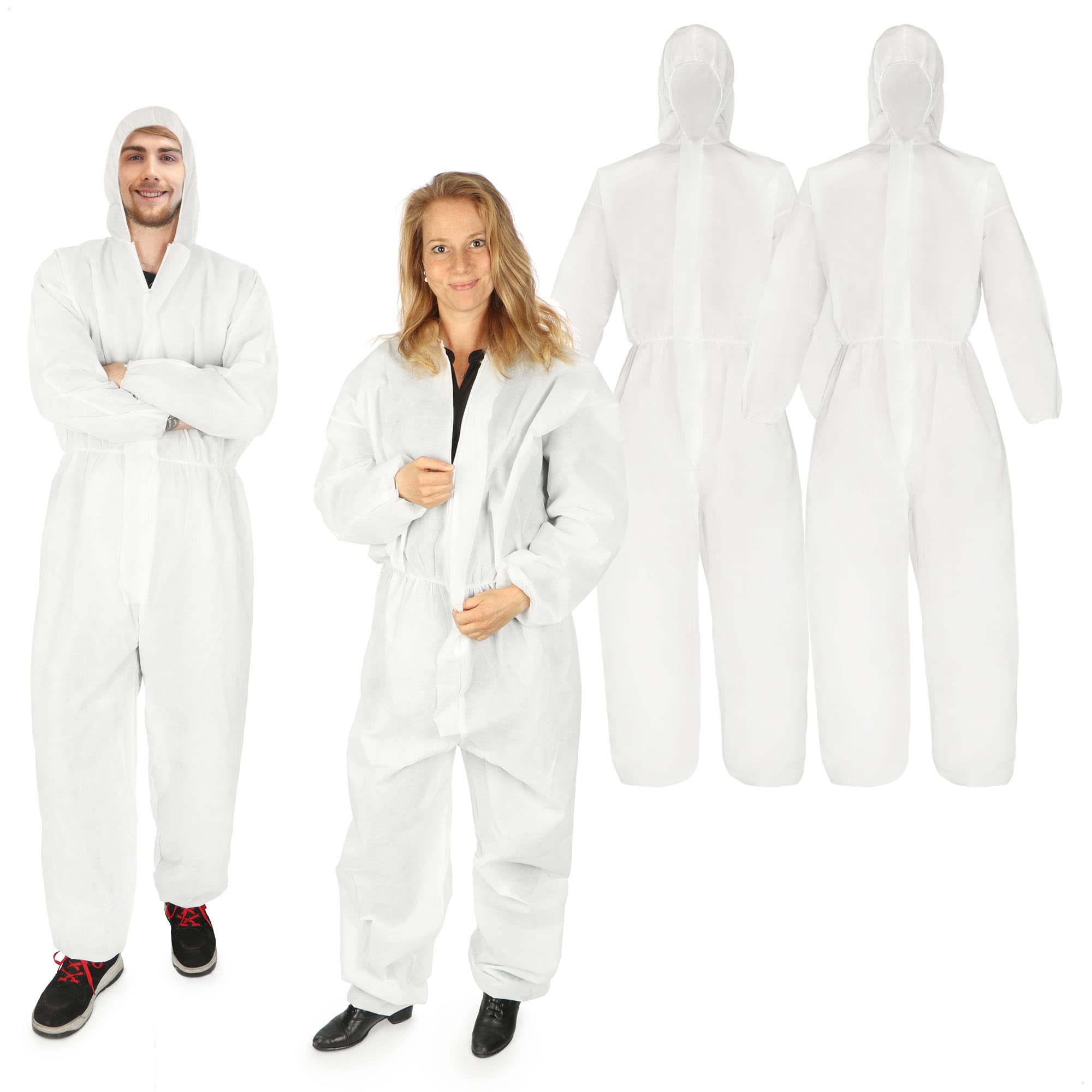 com-four® 4x protective suit with hood and zip - single-layer painter's overall one-size - height from 160 to 200 cm - protective clothing (4 pieces - white)