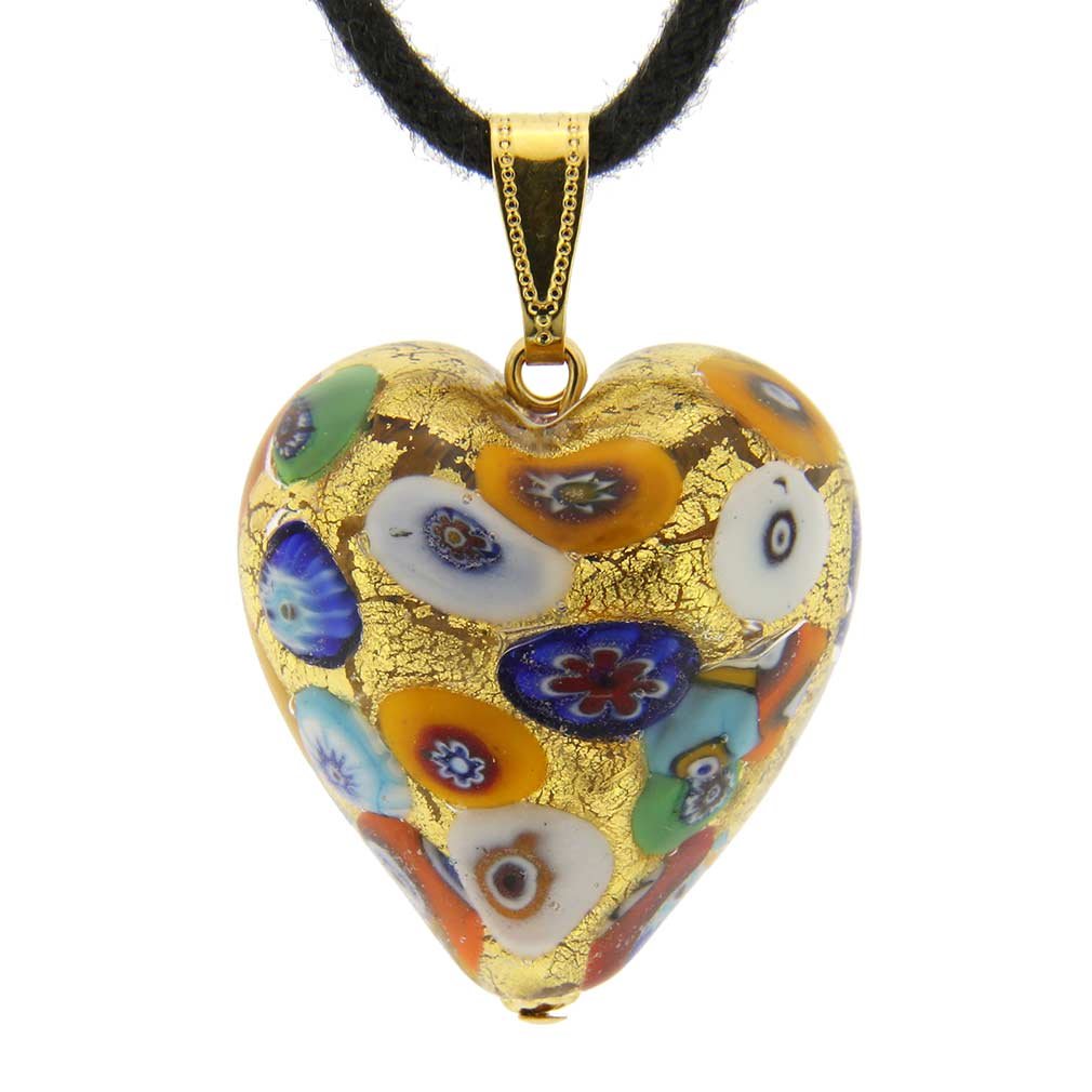 Glass Of Venice Murano Glass Heart Pendant Necklace Klimt Design with Multicolor Millefiori and 24K Gold Size 1-inch Handmade in Murano, Italy - Murano Glass Pendants for Women