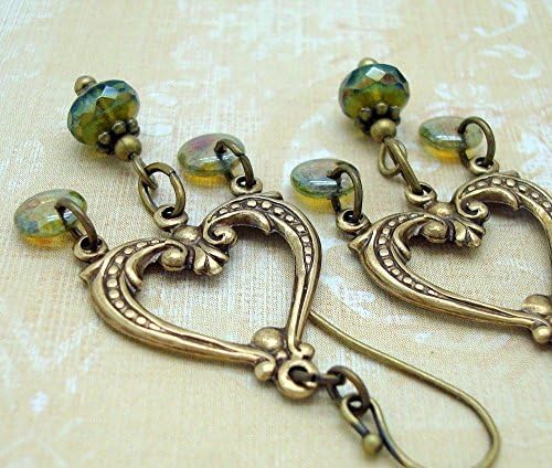 Chandelier Earrings, Handmade, Olive Green and Brass, Cloud Cap Jewelry
